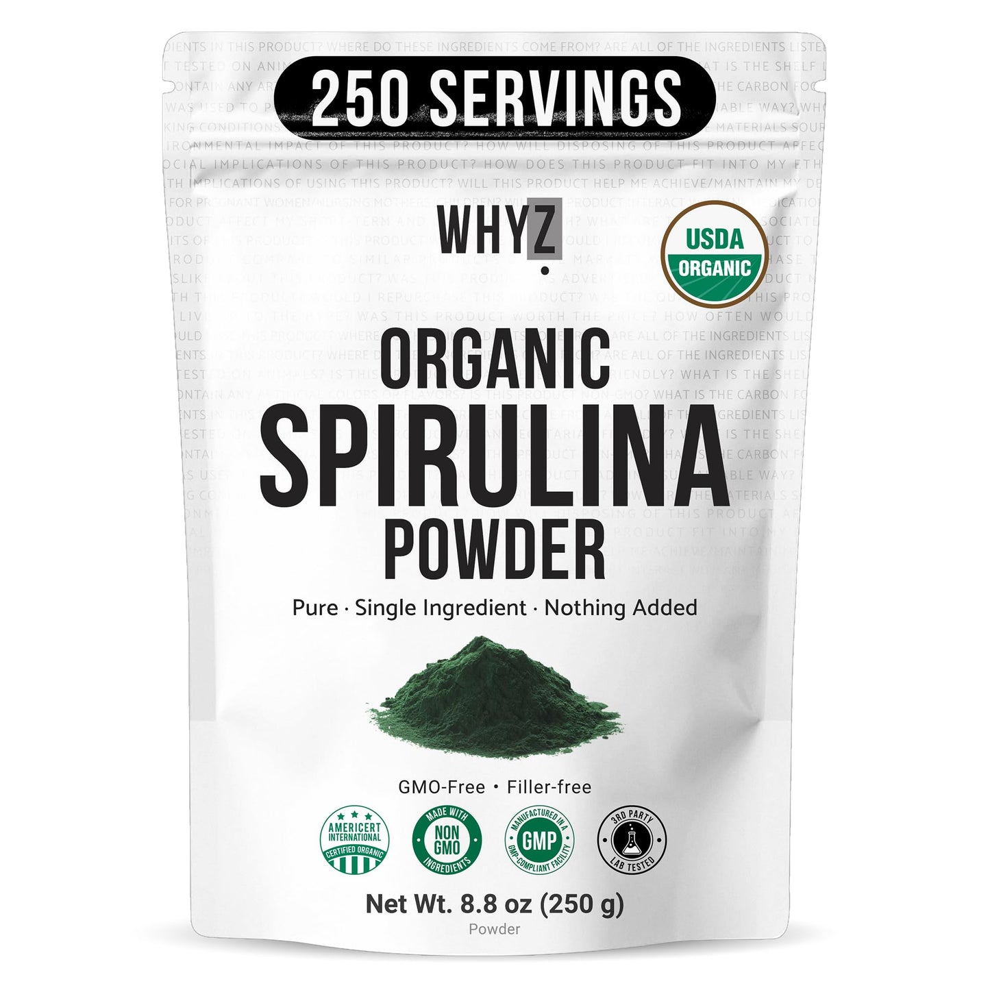 WHYZ Organic Spirulina Powder, 250g, Protein-Rich Spirulina Supplement, Organic Superfood…