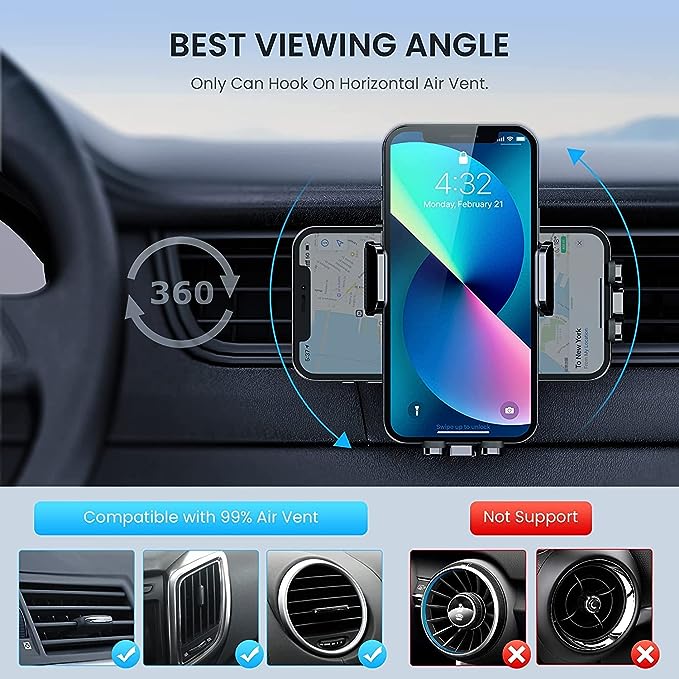 CINDRO Car Vent Phone Mount for Car [Military-Grade Hook Clip] Phone Stand for Car [Thick Cases Friendly] Air Vent Clip Cell Phone Holder for Smartphone, iPhone, Automobile Cradles Universal