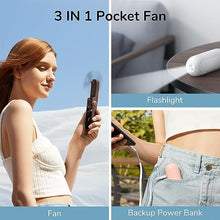 Load image into Gallery viewer, JISULIFE Handheld Mini Fan, 3 IN 1 Hand Fan, Portable USB Rechargeable Small Pocket Fan, Battery Operated Fan [14-21 Working Hours] with Power Bank, Flashlight Feature for Women,Travel,Outdoor-Pink