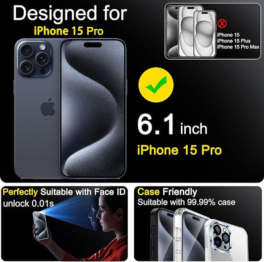 Ferilinso 4 Pack Screen Protector for iPhone 15 Pro with 4 Pack Tempered Glass Camera Lens Protector Phone Case Friendly Ultra Accessories Protector de Pantalla for Apple iPhone 15 Pro