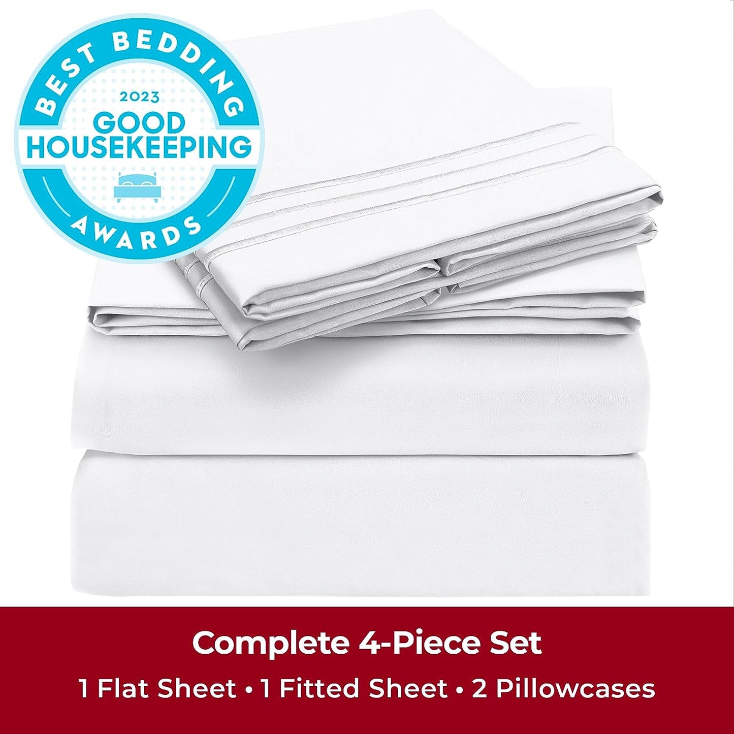 Mellanni Queen Sheet Set - 4 Piece Iconic Collection Bedding Sheets & Pillowcases - Hotel Luxury, Extra Soft, Cooling Bed Sheets - Deep Pocket up to 16" - Wrinkle, Fade, Stain Resistant (Queen, White)