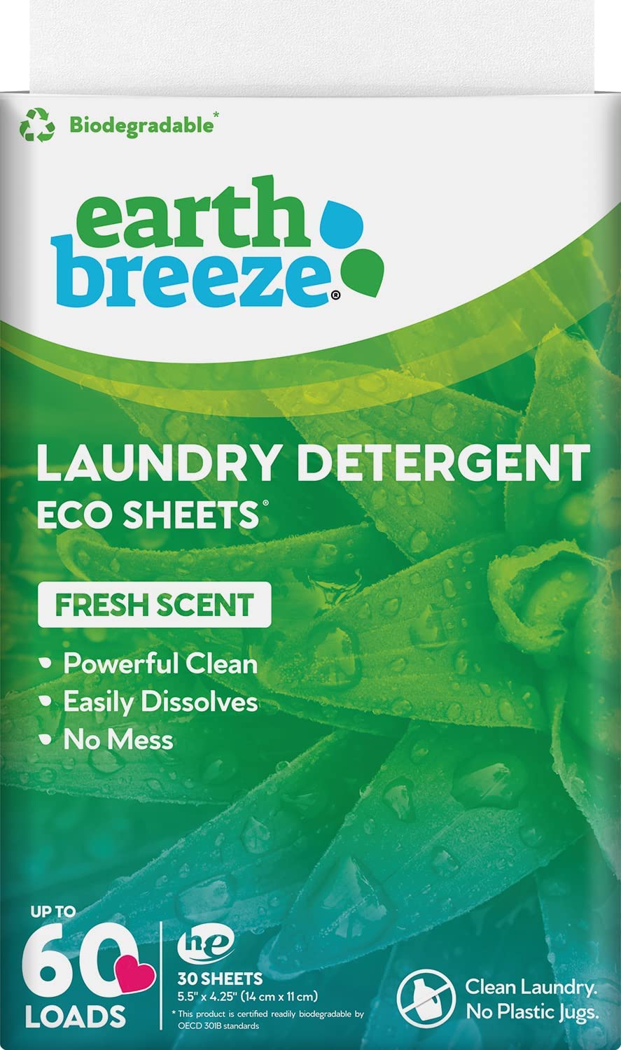 Earth Breeze Laundry Detergent Sheets - Fresh Scent - No Plastic Jug (60 Loads) 30 Sheets, Liquidless Technology…