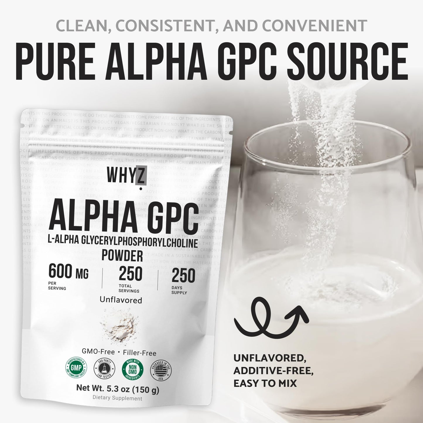 Alpha GPC Powder Alpha-Phosphorylcholine Choline Supplement Unflavored, Fine Powder for…
