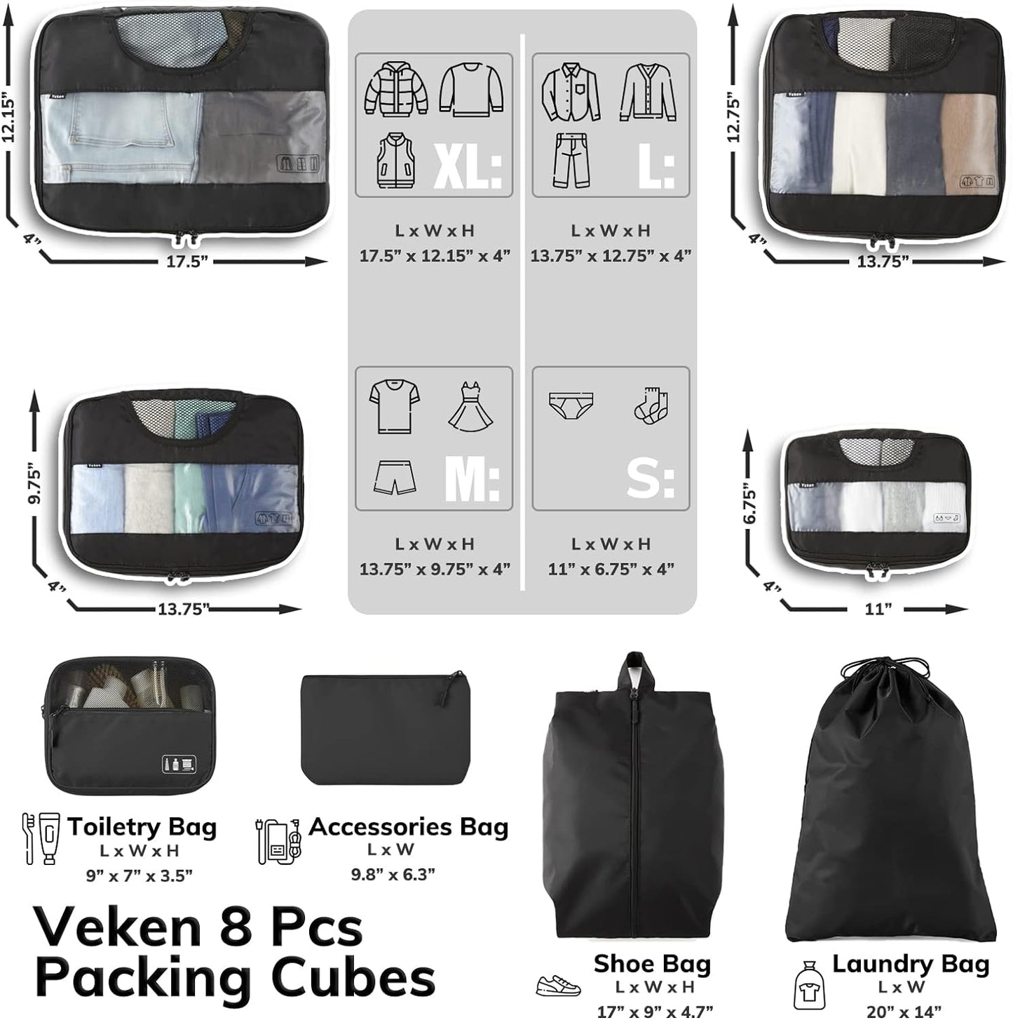 Veken 8 Set Packing Cubes for Suitcases, Travel Essentials for Carry on, Luggage Organizer Bags Set for Travel Accessories in 4 Sizes (Extra Large, Large, Medium, Small), Black