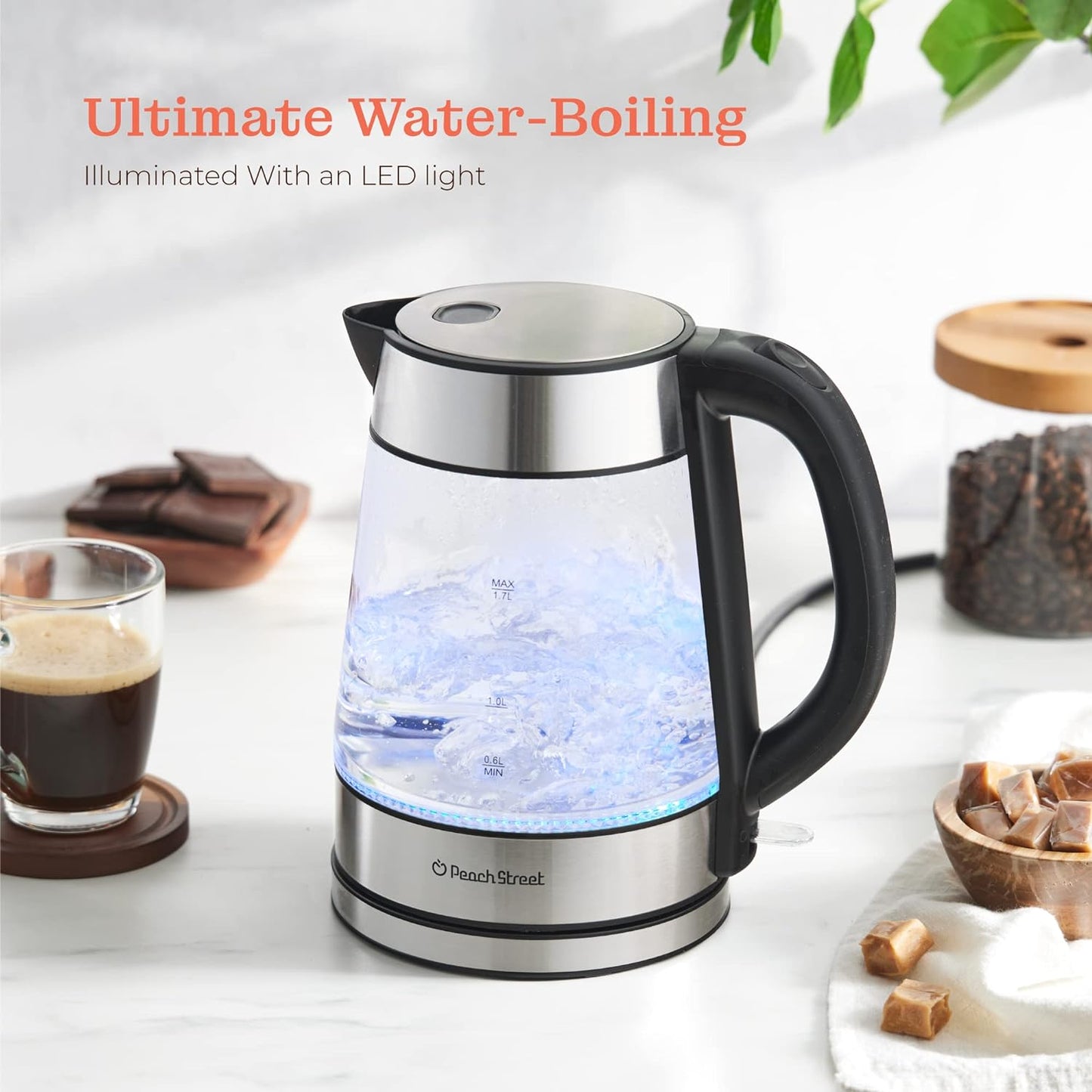 Speed-Boil Electric Kettle For Coffee & Tea - 1.7L Water Boiler 1500W, Borosilicate Glass, Easy Clean Wide Opening, Auto Shut-Off, Cool Touch Handle, LED Light. 360° Rotation, Boil Dry Protection