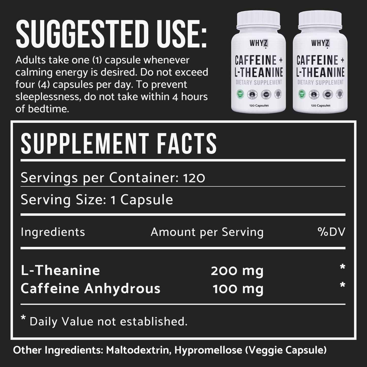 WHYZ Caffeine Pills with L-Theanine, 120 Capsules, Nootropic Stack Energy Pills, Energy…
