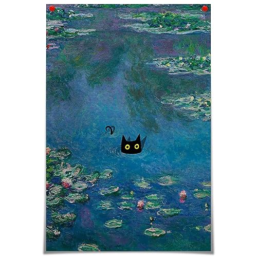 Vintage Monet Canvas Wall Art Famous Oil Paintings Monets Water Lillies Black Cat Poster Funny Cat Floral Print Abstract Farmhouse Gallery Aesthetic Room Decor for Bedroom Bathroom 12x16in Unframed