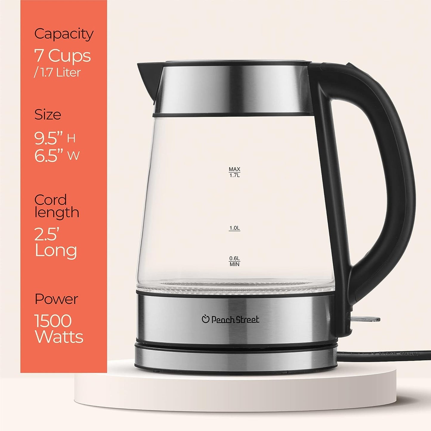 Speed-Boil Electric Kettle For Coffee & Tea - 1.7L Water Boiler 1500W, Borosilicate Glass, Easy Clean Wide Opening, Auto Shut-Off, Cool Touch Handle, LED Light. 360° Rotation, Boil Dry Protection