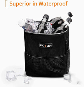 HOTOR Trash Can with Lid and Storage Pockets, 100% Leak-Proof Organizer, Waterproof Garbage Can, Multipurpose Trash Bin for Car - Black