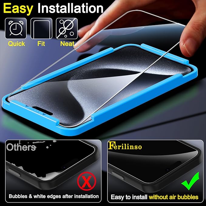 Ferilinso 4 Pack Screen Protector for iPhone 15 Pro with 4 Pack Tempered Glass Camera Lens Protector Phone Case Friendly Ultra Accessories Protector de Pantalla for Apple iPhone 15 Pro