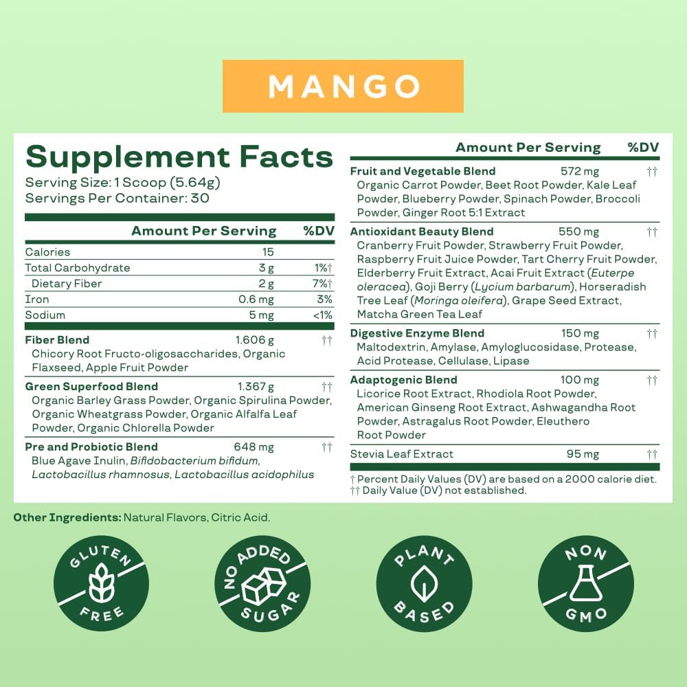 Bloom Nutrition Super Greens Powder Smoothie & Juice Mix - Probiotics for Digestive Health & Bloating Relief for Women, Digestive Enzymes with Superfoods Spirulina & Chlorella for Gut Health (Mango)