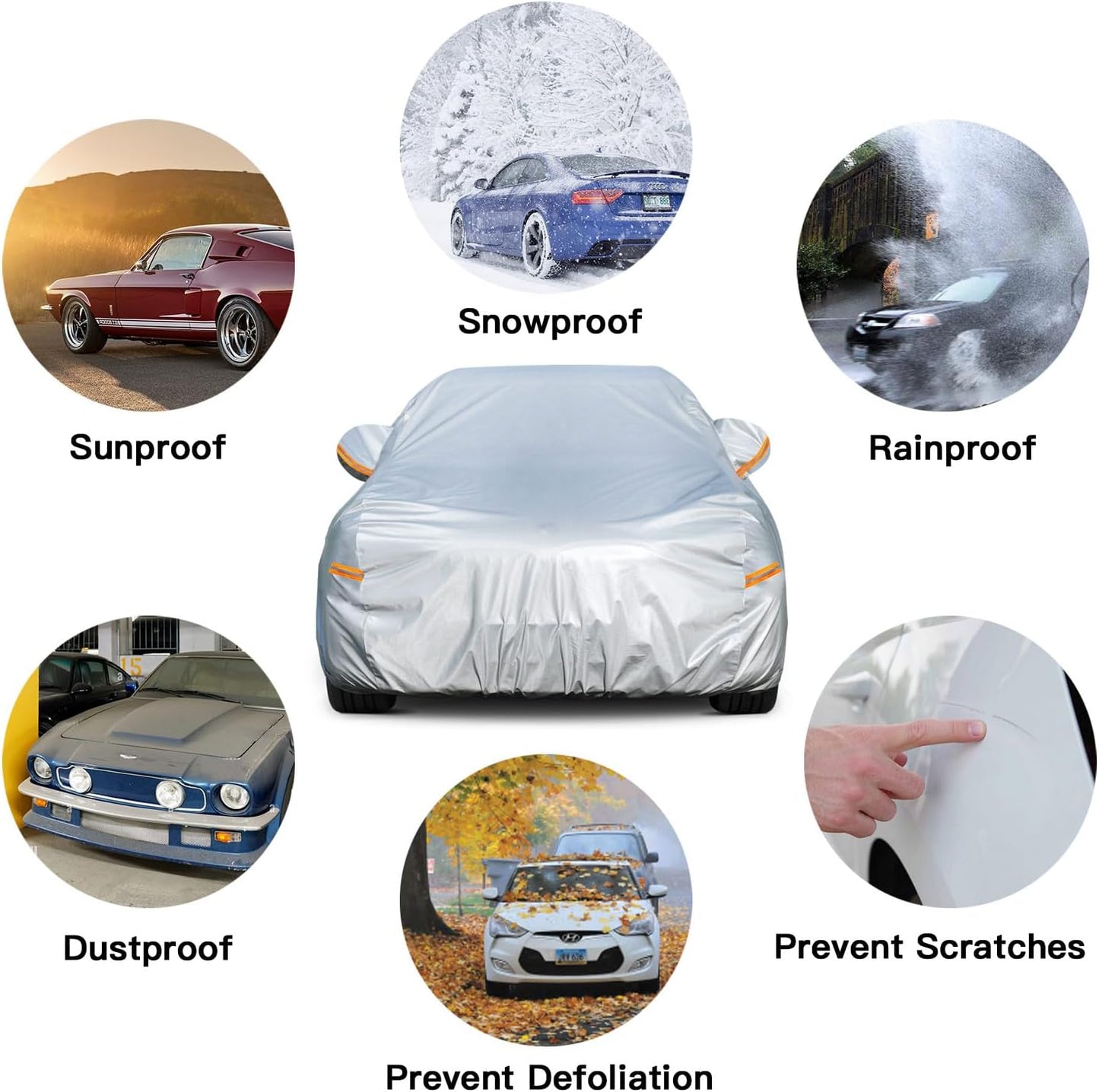Kayme 6 Layers Car Cover Waterproof All Weather for Automobiles, Outdoor Full Cover Rain Sun UV Protection with Zipper Cotton, Size A2 3XL Universal Fit for Sedan (186-193 inch)