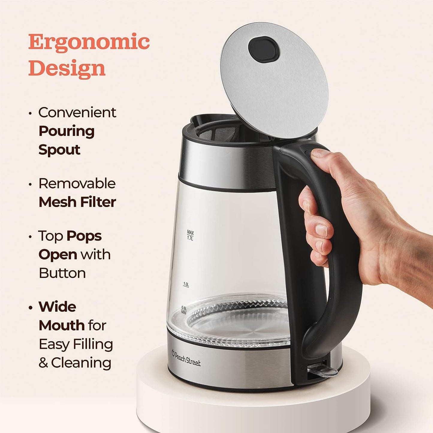 Speed-Boil Electric Kettle For Coffee & Tea - 1.7L Water Boiler 1500W, Borosilicate Glass, Easy Clean Wide Opening, Auto Shut-Off, Cool Touch Handle, LED Light. 360° Rotation, Boil Dry Protection