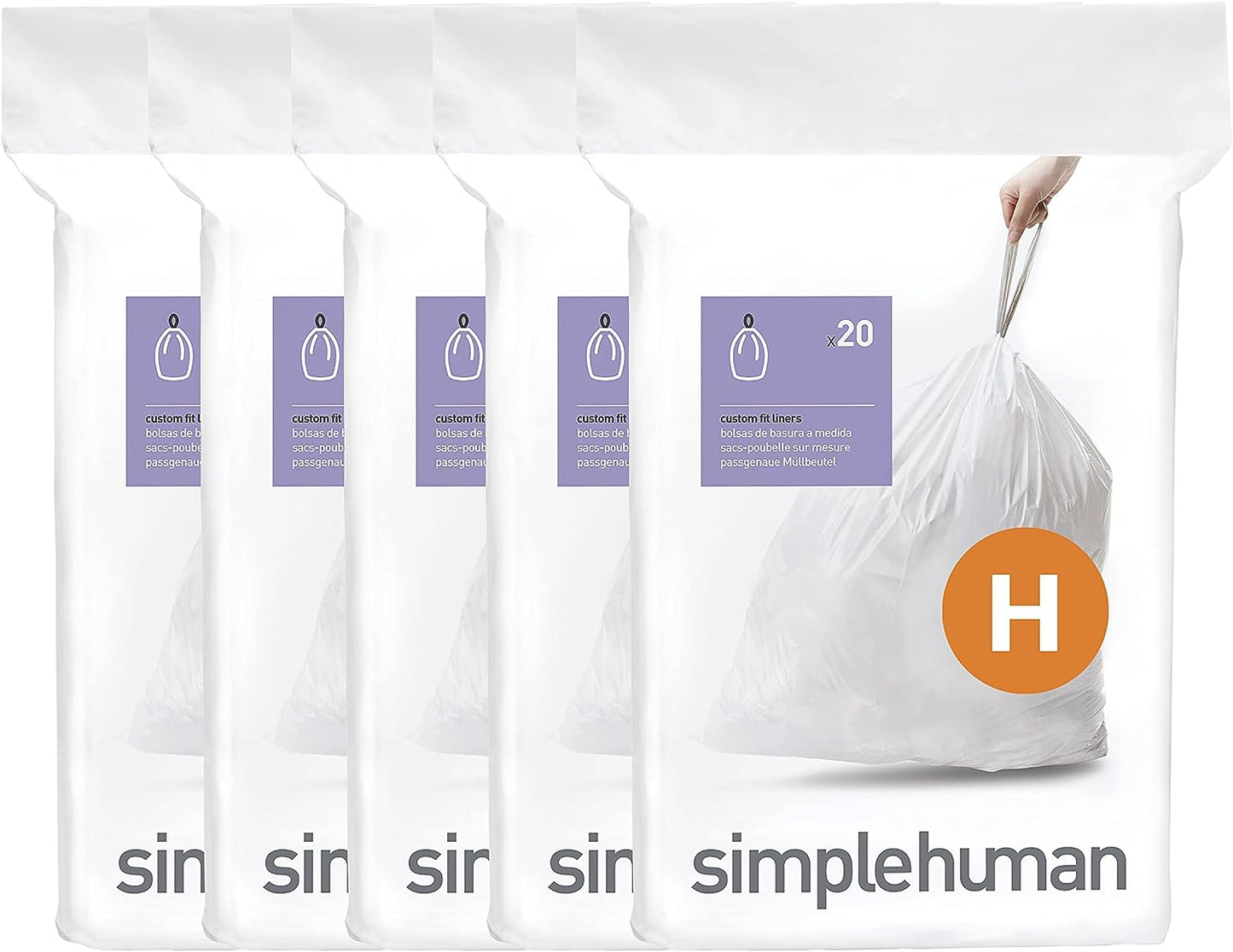simplehuman Code H Custom Fit Drawstring Trash Bags, 100 Count, 30-35 Liter / 8-9 Gallon, White