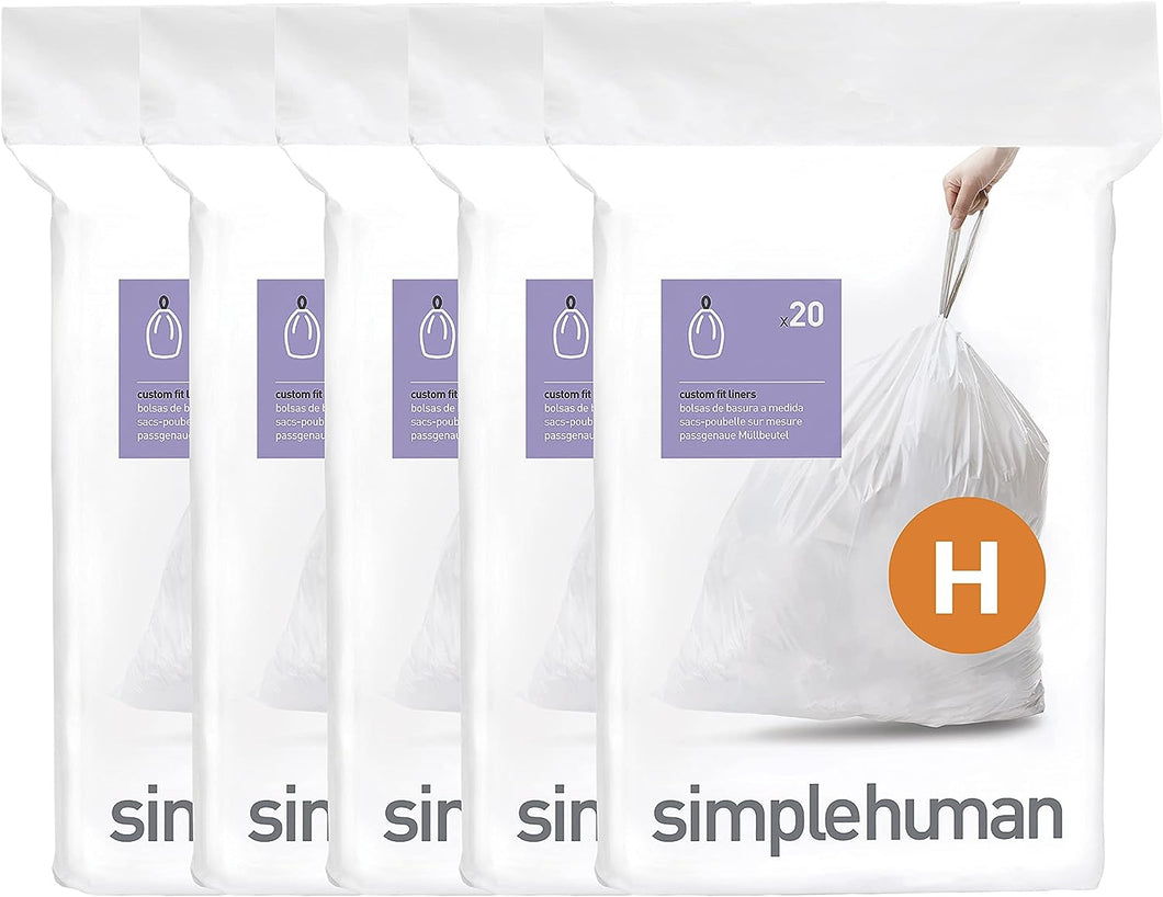 simplehuman Code H Custom Fit Drawstring Trash Bags, 100 Count, 30-35 Liter / 8-9 Gallon, White