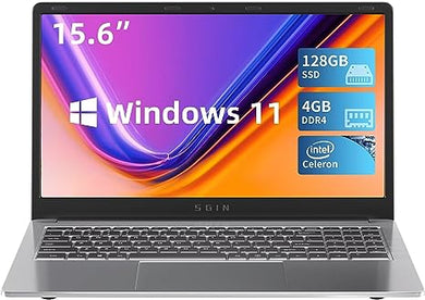SGIN Laptop 4GB DDR4 128GB SSD, 15.6 Inch Windows 11 Laptops Computer with Intel Celeron Quad Core Processor (up to 2.5 GHz), Intel UHD Graphics 600, Mini HDMI, WiFi, Webcam, USB3.0, Bluetooth 4.2