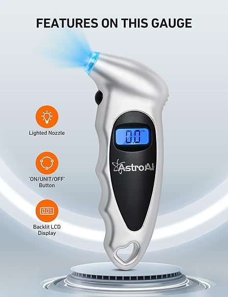 AstroAI Digital Tire Pressure Gauge 150 PSI 4 Settings for Car Truck Bicycle with Backlight LCD and Non-Skid Grip Car Accessories, Silver (1 Pack)