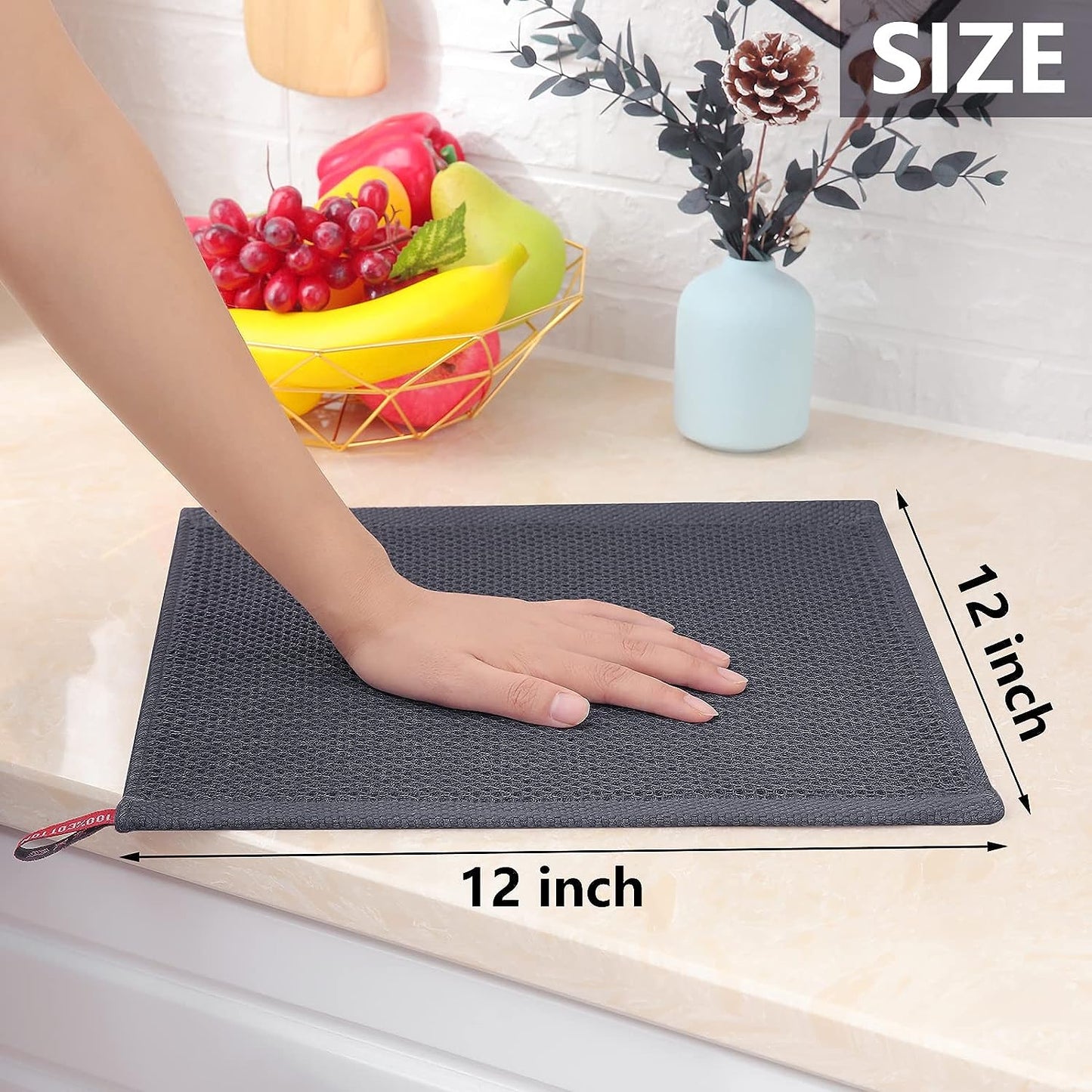 Homaxy 100% Cotton Waffle Weave Kitchen Dish Cloths, Ultra Soft Absorbent Quick Drying Dish Towels, 12x12 Inches, 6-Pack, Dark Grey