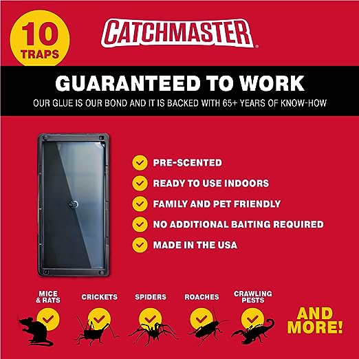 Catchmaster Glue Mouse Traps Indoor for Home 10PK, Bulk Glue Traps for Mice and Rats, Pre-Baited Adhesive Plastic Trays for Inside House, Snake, Lizard, Insect, & Spider Traps, Pet Safe Pest Control
