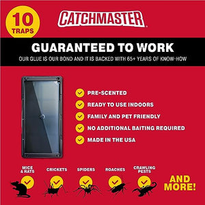 Catchmaster Glue Mouse Traps Indoor for Home 10PK, Bulk Glue Traps for Mice and Rats, Pre-Baited Adhesive Plastic Trays for Inside House, Snake, Lizard, Insect, & Spider Traps, Pet Safe Pest Control