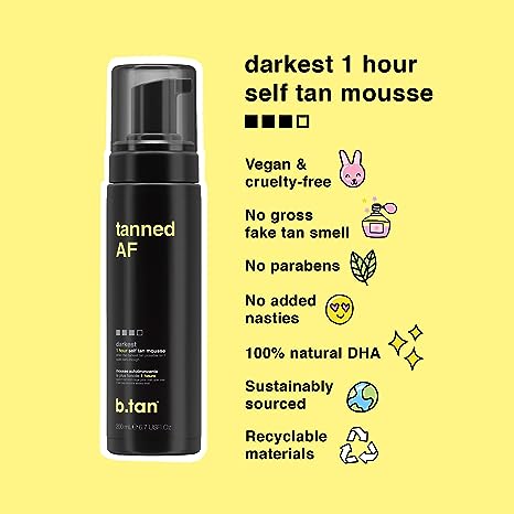 b.tan Darkest Self Tanner | Get Tanned - Fast, 1 Hour Sunless Tanner Mousse, No Fake Tan Smell, No Added Nasties, Vegan, Cruelty Free, 6.7 Fl Oz