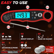 Load image into Gallery viewer, Alpha Grillers Instant Read Meat Thermometer for Grill and Cooking. Best Waterproof Ultra Fast Thermometer with Backlight &amp; Calibration. Digital Food Probe for Kitchen, Outdoor Grilling and BBQ!