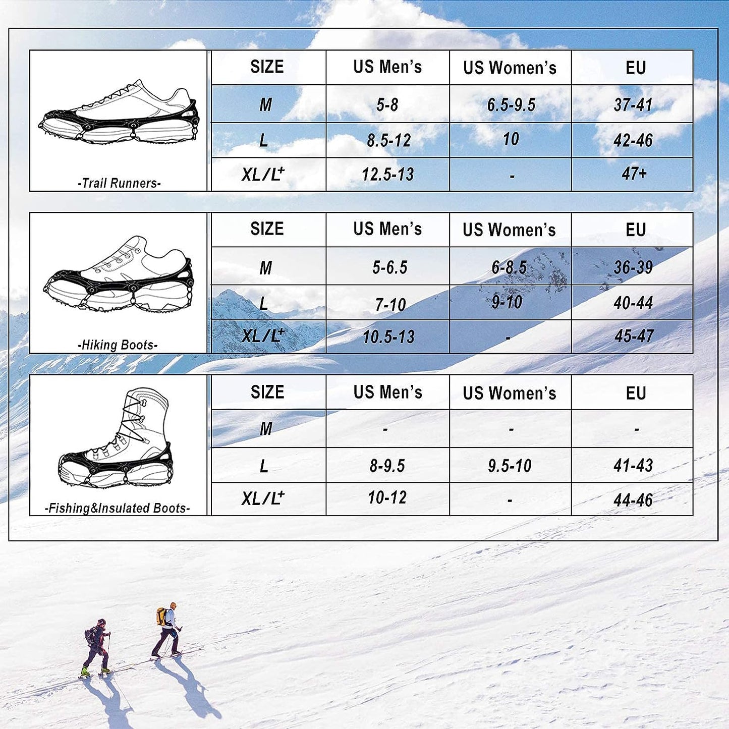 Crampons Ice Cleats Traction Snow Grips for Boots Shoes Women Men Kids Anti Slip 19 Stainless Steel Spikes Safe Protect for Hiking Fishing Walking Climbing Mountaineering