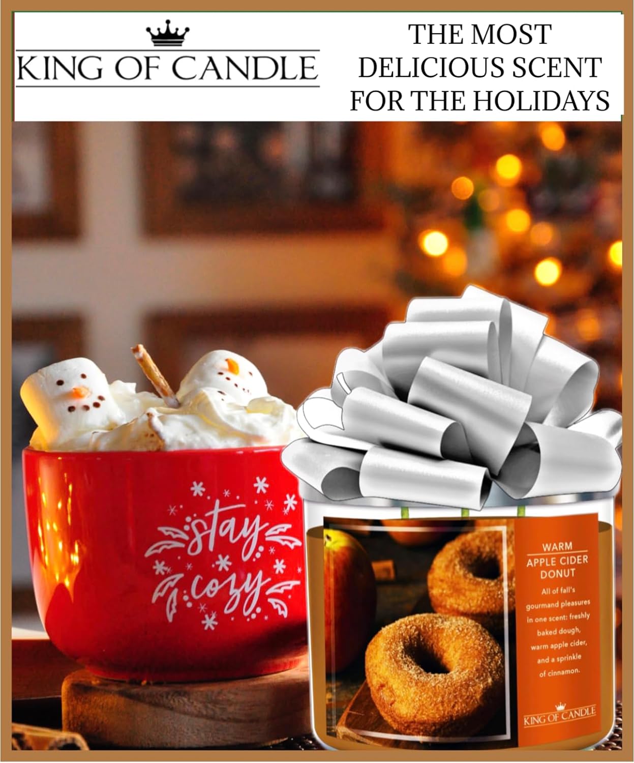 Warm Apple Cider Donut + Cinnamon Sugar | Strong, Large 3 Wick Candle for Winter | Clean Burning, Long Lasting, Highly Scented, Non Toxic Soy Wax | Unique Food Candles for Kitchen Decor | Big 14oz Jar