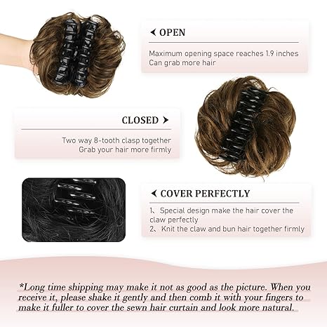 Claw Clip Messy Bun Hair Piece 100% Real Human Hair Buns Curly Chignon Hair Bun Extensions Wavy Tousled Updo Hair Buns Claw Clip Ponytail Hairpieces Hair Scrunchie with Clip for Women（Dark Brown with Light Golden Brown）