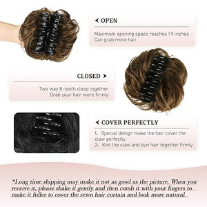 Claw Clip Messy Bun Hair Piece 100% Real Human Hair Buns Curly Chignon Hair Bun Extensions Wavy Tousled Updo Hair Buns Claw Clip Ponytail Hairpieces Hair Scrunchie with Clip for Women（Dark Brown with Light Golden Brown）