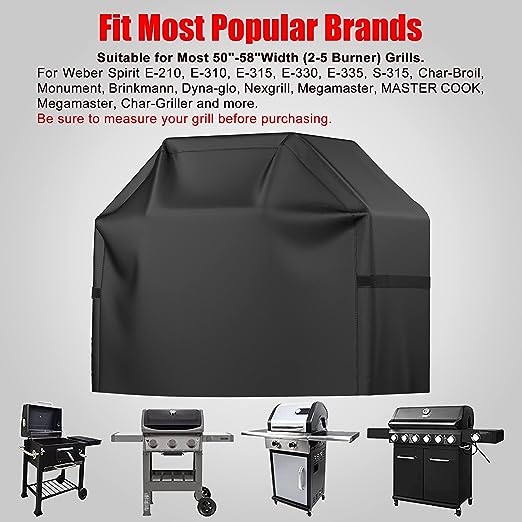 Grill Cover, BBQ Grill Cover, Waterproof, Weather Resistant, Rip-Proof, Anti-UV, Fade Resistant, with Hook-and-loop and Strap, Gas Grill Cover for Weber,Char Broil,Nexgrill Grills, etc. 58 inch, Black