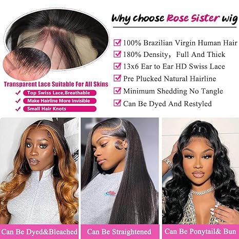 Rose Sister 13x6 Body Wave Lace Front Wigs Pre Plucked 180% Density 13x6 HD Transparent Frontal Wigs Body Wave Glueless Wigs Human Hair Lace Front Wigs for Black Women with Baby Hair 26 Inch