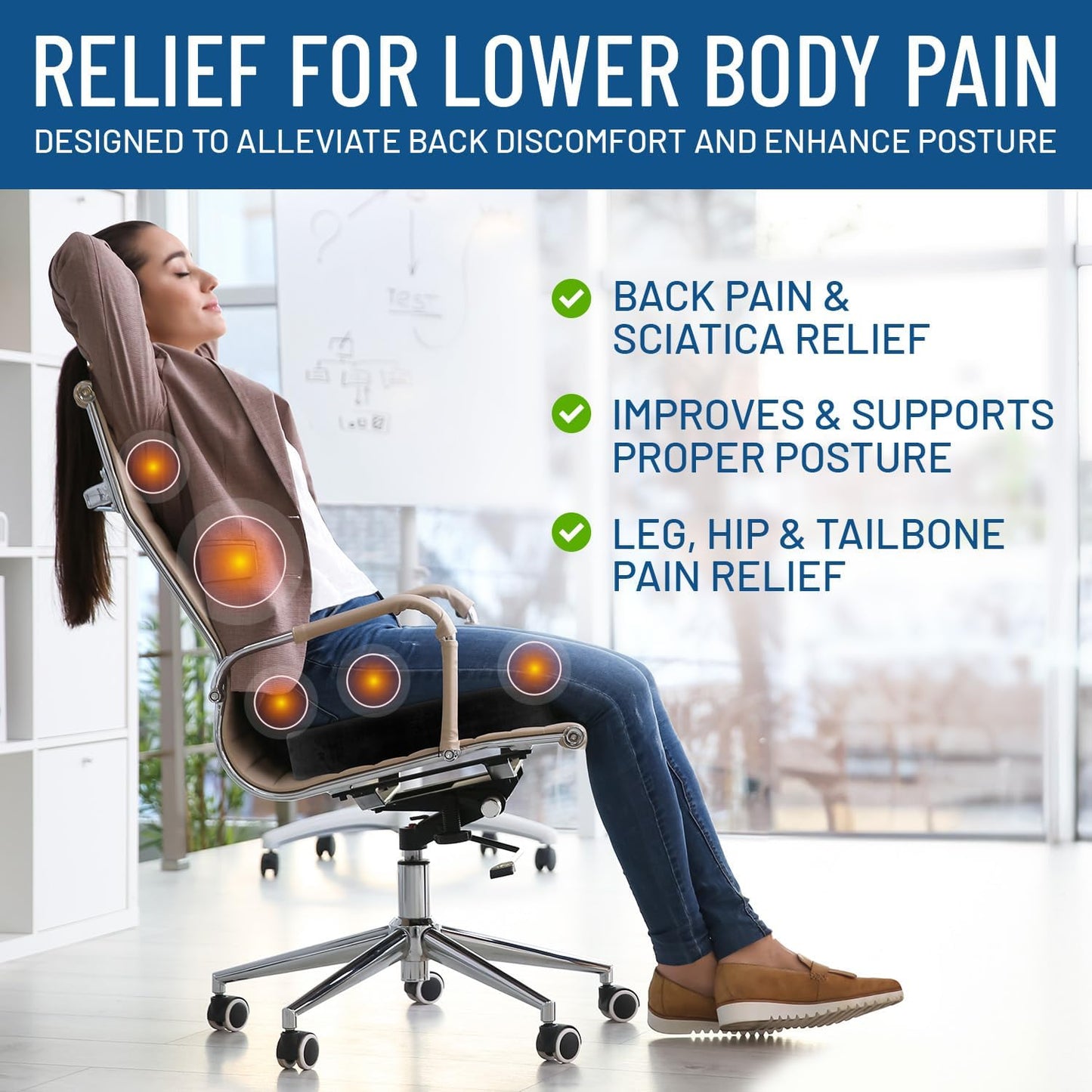 Everlasting Comfort Seat Cushion for Lower Back Pain Relief - Enhances Posture & Support, All-Day Comfort - Non-Slip Tailbone Pain Relief Cushion - Car, Gaming, Office Chair Cushion FSA HSA Eligible