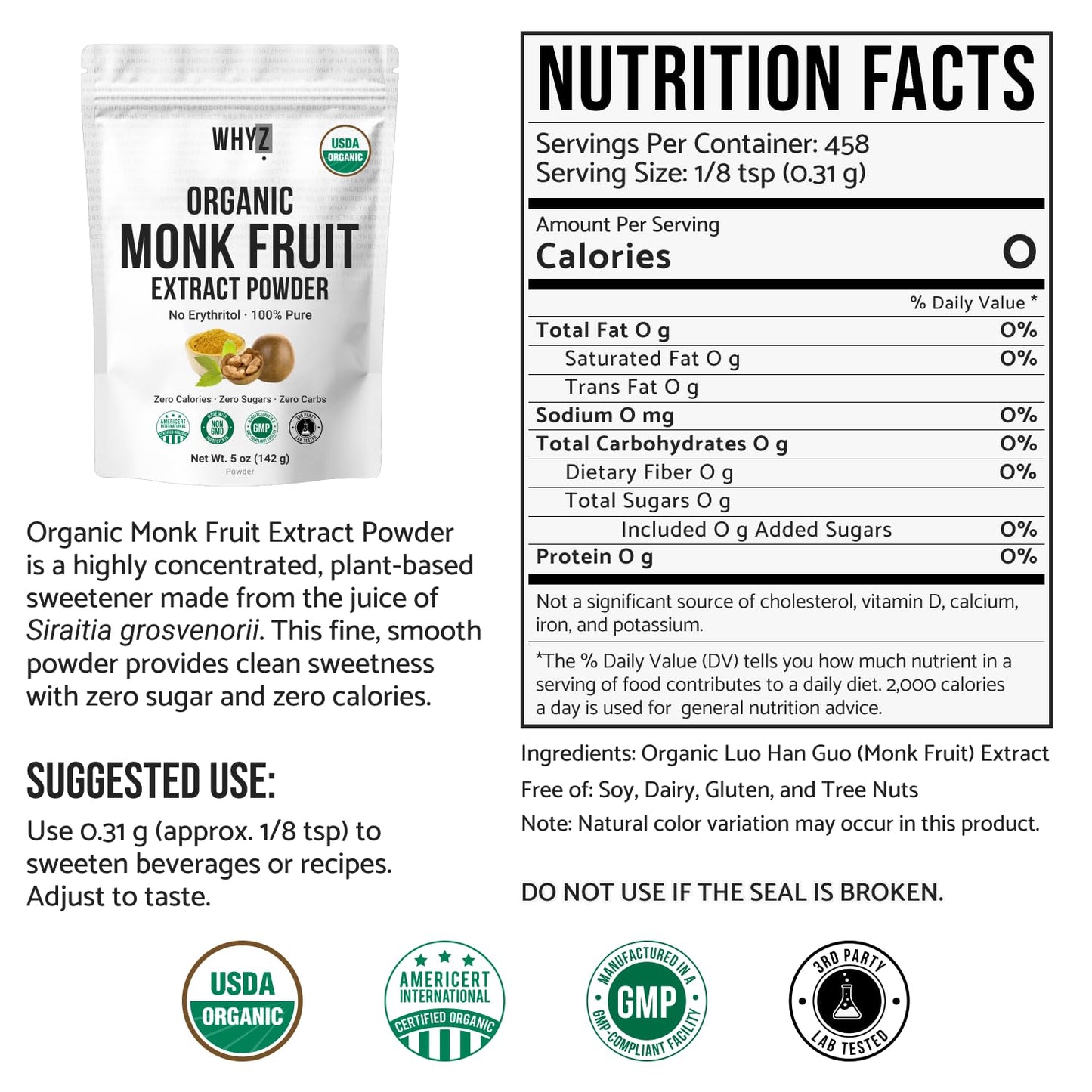 Organic Monk Fruit Extract, 5 oz, Pure Monk Fruit Sweetener Organic No Erythritol and…