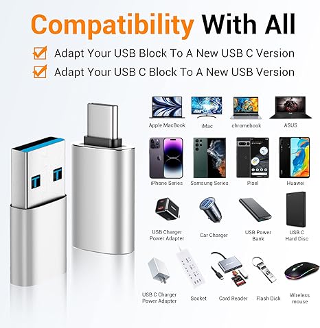 Temdan [4 Pack USB C to USB Adapter,【2*USB-C to USB-A】&【2*USB-A to USB-C】 Female Adapter SuperSpeed Data Transfer & Fast Charging - Compatible with Laptop, PC, Charger -Silver