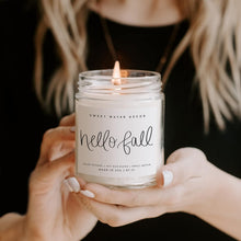 Load image into Gallery viewer, Sweet Water Decor Hello Fall Candle | Cinnamon, Apples, and Clove Autumn Scented Soy Candles for Home | 9oz Clear Jar, 40 Hour Burn Time, Made in the USA