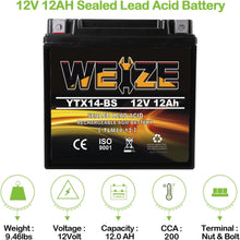 Load image into Gallery viewer, Weize YTX14 BS ATV Battery High Performance - Maintenance Free - Sealed AGM YTX14-BS Motorcycle Battery compatible with Honda Suzuki Kawasaki Yamaha scooter snowmobile