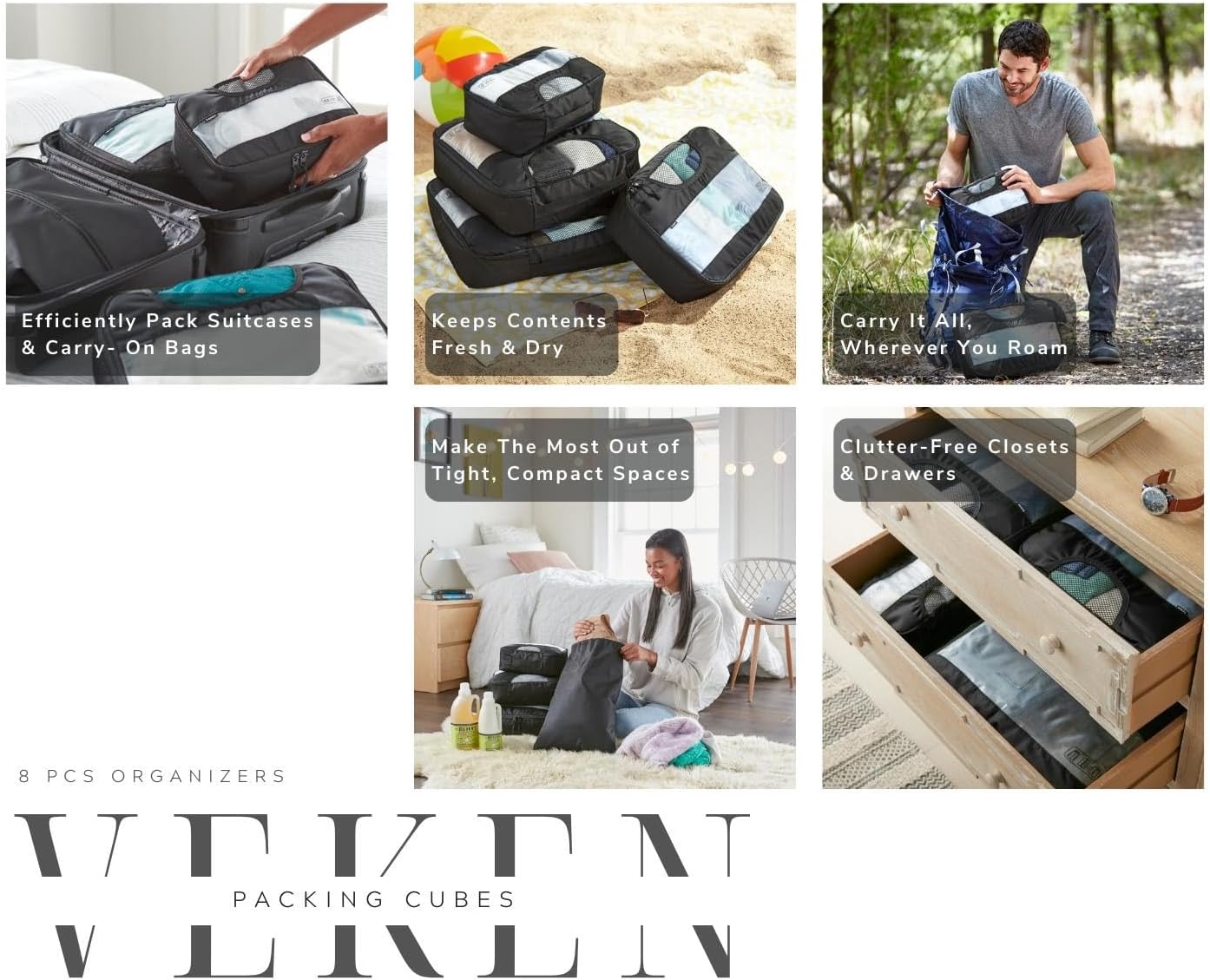 Veken 8 Set Packing Cubes for Suitcases, Travel Essentials for Carry on, Luggage Organizer Bags Set for Travel Accessories in 4 Sizes (Extra Large, Large, Medium, Small), Black
