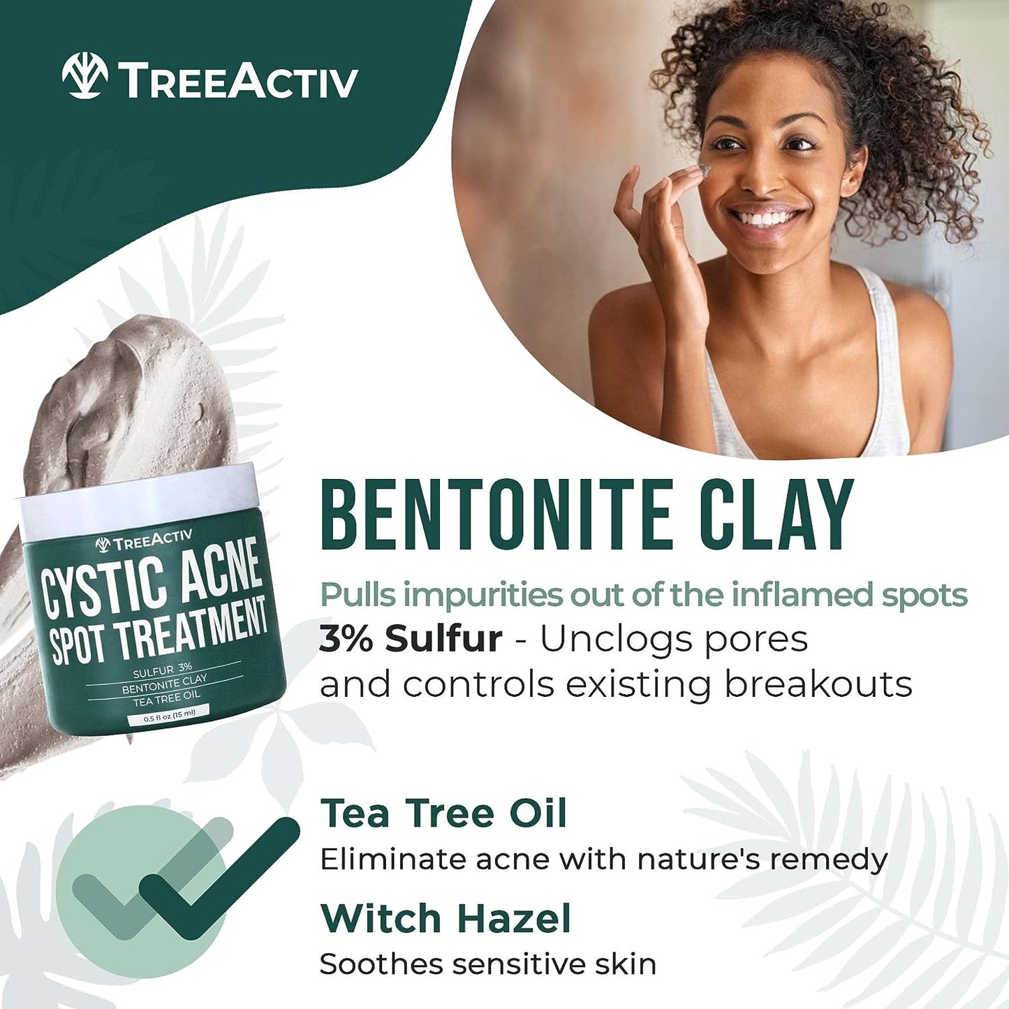 TreeActiv Cystic Acne Spot Treatment, Hormonal Acne Treatment & Overnight Sulfur Cystic Acne Treatment For Face, Pimples, and Blemishes for Adults, Men, and Women - 0.5oz 120+ Uses