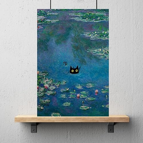 Vintage Monet Canvas Wall Art Famous Oil Paintings Monets Water Lillies Black Cat Poster Funny Cat Floral Print Abstract Farmhouse Gallery Aesthetic Room Decor for Bedroom Bathroom 12x16in Unframed