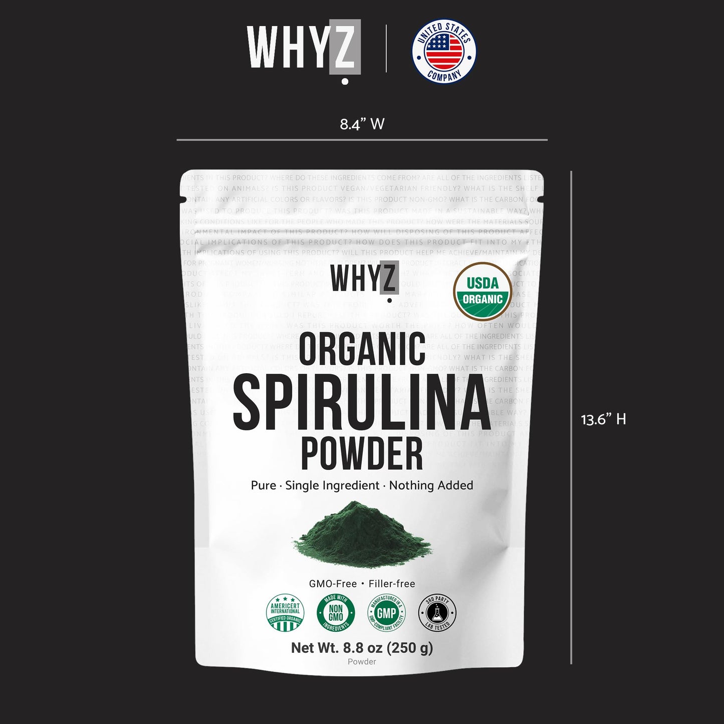 WHYZ Organic Spirulina Powder, 250g, Protein-Rich Spirulina Supplement, Organic Superfood…