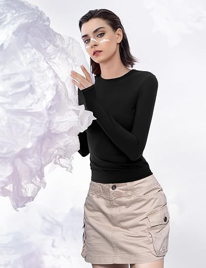 PUMIEY Women's Long Sleeve T Shirts Crew Neck Slim Fit Tops Sexy Basic Tee Smoke Cloud Pro Collection