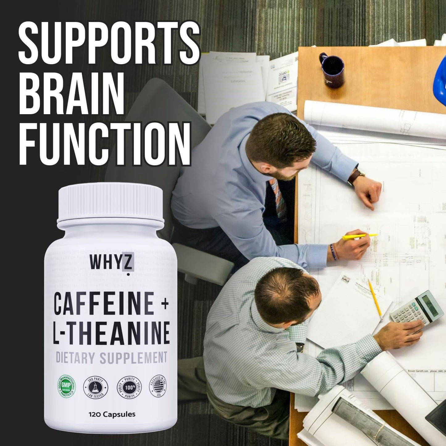 WHYZ Caffeine Pills with L-Theanine, 120 Capsules, Nootropic Stack Energy Pills, Energy…