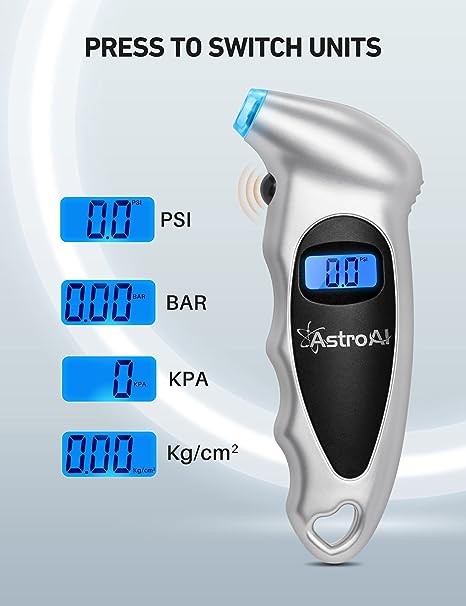 AstroAI Digital Tire Pressure Gauge 150 PSI 4 Settings for Car Truck Bicycle with Backlight LCD and Non-Skid Grip Car Accessories, Silver (1 Pack)