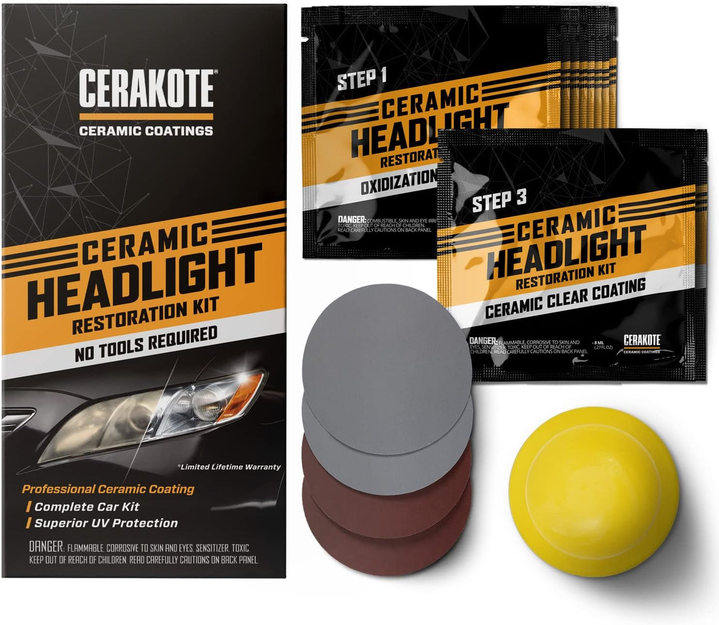 CERAKOTE® Ceramic Headlight Restoration Kit – Guaranteed To Last As Long As You Own Your Vehicle – Brings Headlights back to Like New Condition - 3 Easy Steps - No Power Tools Required