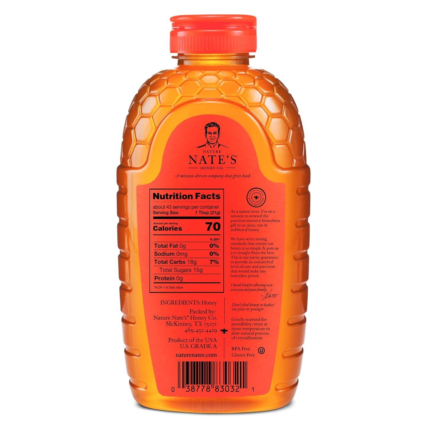 Nate's 100% Pure, Raw & Unfiltered Honey - Award-Winning Taste, 32oz. Squeeze Bottle
