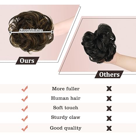 Claw Clip Messy Bun Hair Piece 100% Real Human Hair Buns Curly Chignon Hair Bun Extensions Wavy Tousled Updo Hair Buns Claw Clip Ponytail Hairpieces Hair Scrunchie with Clip for Women（Dark Brown with Light Golden Brown）