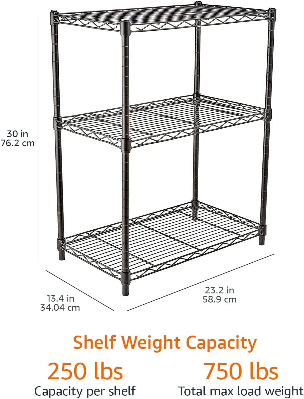 Amazon Basics 3-Shelf Narrow Adjustable, Heavy Duty Storage Shelving Unit (250 lbs loading capacity per shelf), Steel Organizer Wire Rack, Black, 23.2"L x 13.4"W x 30"H