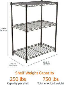 Amazon Basics 3-Shelf Narrow Adjustable, Heavy Duty Storage Shelving Unit (250 lbs loading capacity per shelf), Steel Organizer Wire Rack, Black, 23.2"L x 13.4"W x 30"H