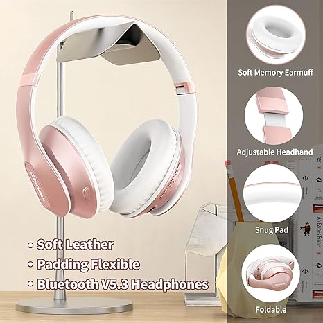 Glynzak Wireless Bluetooth Headphones Over Ear 65H Playtime HiFi Stereo Headset with Microphone and 6EQ Modes Foldable Bluetooth V5.3 Headphones for Travel Smartphone Computer Laptop Rose Gold WH207A
